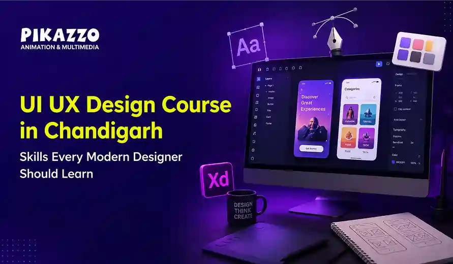 Advertisement for a UI UX design course in Chandigarh by Pikazzo with a computer screen showing app design tools and sketches.